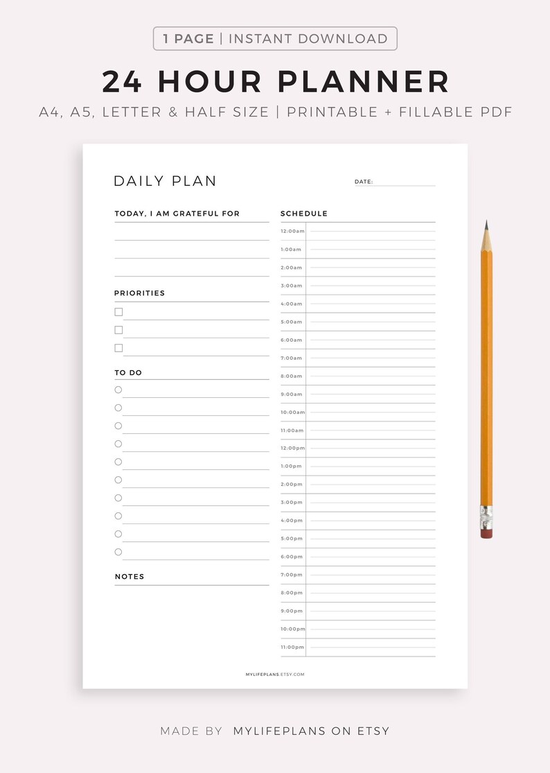 24 Hour Daily Planner Printable Daily to Do List for Work / - Etsy