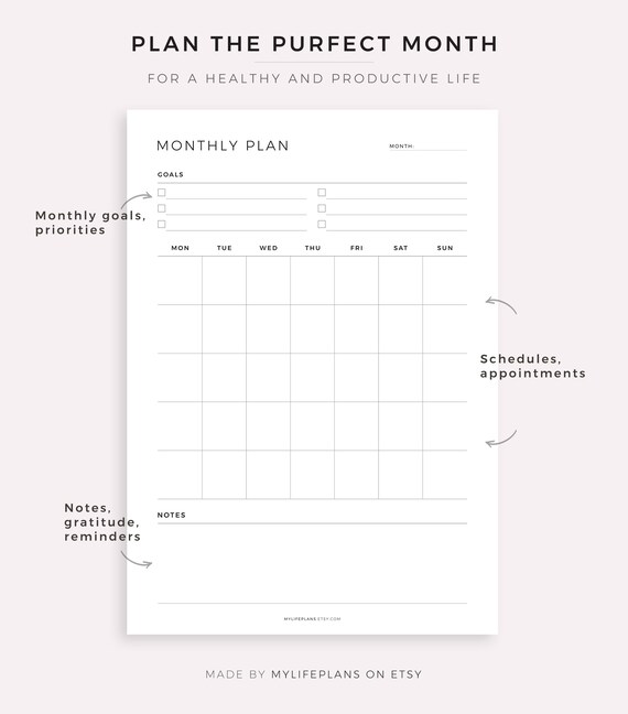 Monthly Goal Planner Printable, Fillable Monthly Planner, Productivity  Planner, Monday and Sunday Start, A4/a5/letter/half Size - Etsy