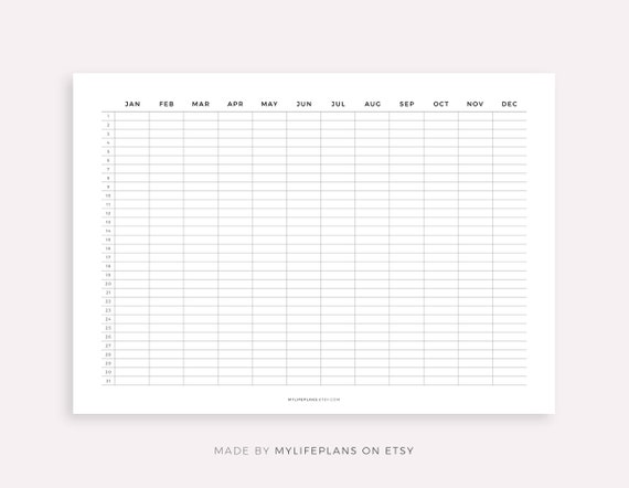 Undated Year Calendar Printable & Fillable, Year at a Glance, Year on One  Page, Yearly Overview, Landscape, A4/letter, Instant Download - Etsy