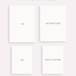 May include: Four different sizes of blank printable paper sheets: A4, Letter Size, A5, and Half Letter. The paper is white and the text is black. The text "MADE BY MYLIFEPALNS ON ETSY" is at the bottom of the image.