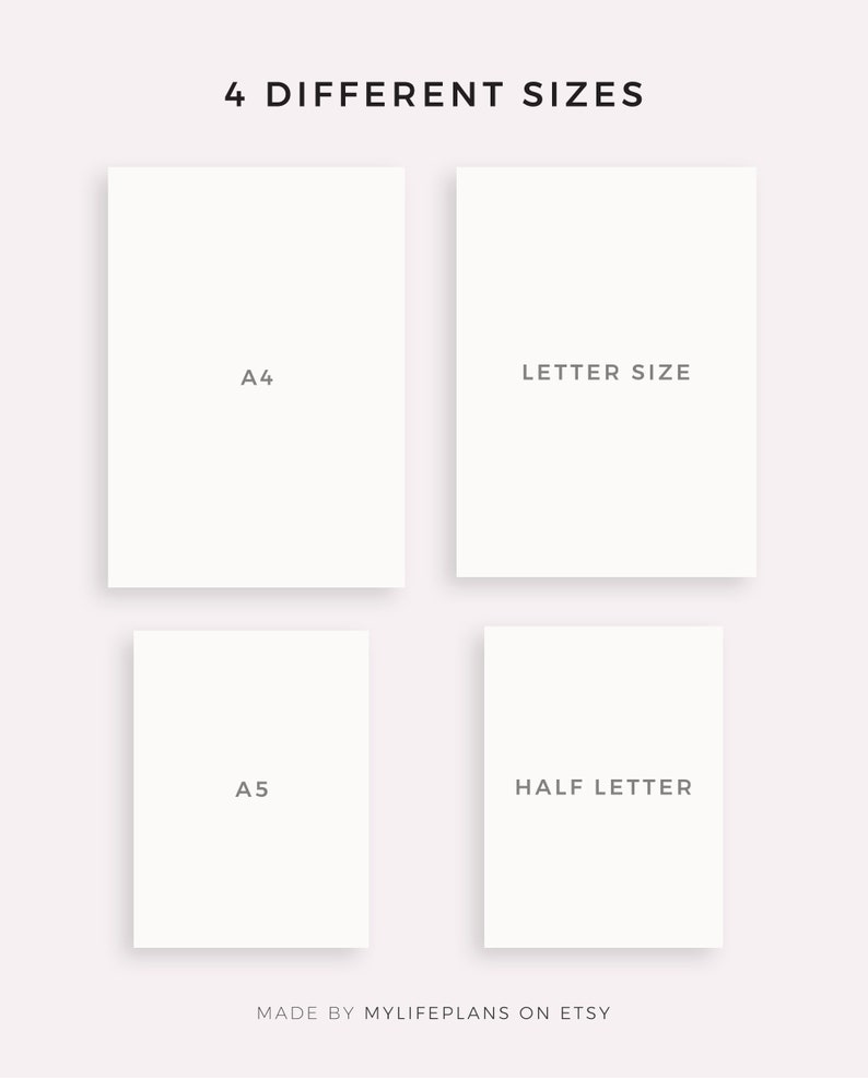 May include: Four different sizes of blank printable paper sheets: A4, Letter Size, A5, and Half Letter. The paper is white and the text is black. The text "MADE BY MYLIFEPALNS ON ETSY" is at the bottom of the image.