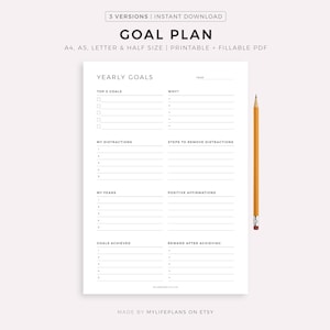 Goal Planner Printable & Fillable PDF - Yearly Goals, Quarterly Goals, Monthly Goals, A4/A5/Letter/Half Size, Instant Download