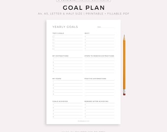 Goal Planner Printable & Fillable PDF - Yearly Goals, Quarterly Goals, Monthly Goals, A4/A5/Letter/Half Size, Instant Download
