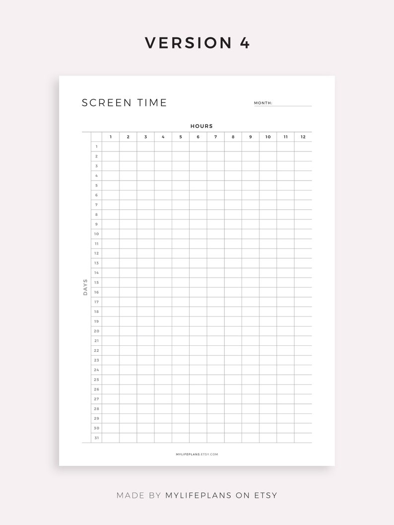 May include: A printable screen time tracker with a grid for logging hours spent on devices each day of the month. The tracker has a header that says "Screen Time" and "Hours".