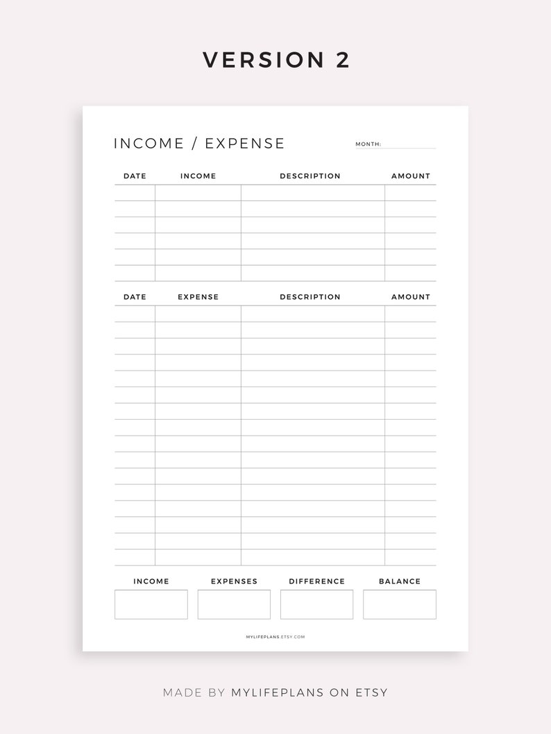 Op de afbeelding: Een printbare budgettracker met secties voor inkomsten, uitgaven en een saldo. De tracker heeft een eenvoudig ontwerp met zwarte tekst op een witte achtergrond.