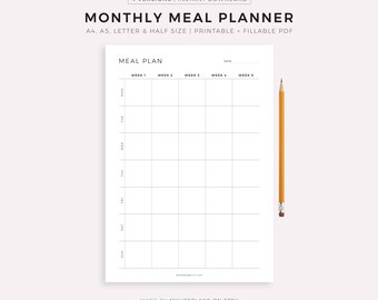 Afdrukbare maandelijkse maaltijdplanner, 30 dagen menuplanner, voedselplanner, gezondheid en fitness, A4/A5/Letter/Half Size, Instant Download PDF
