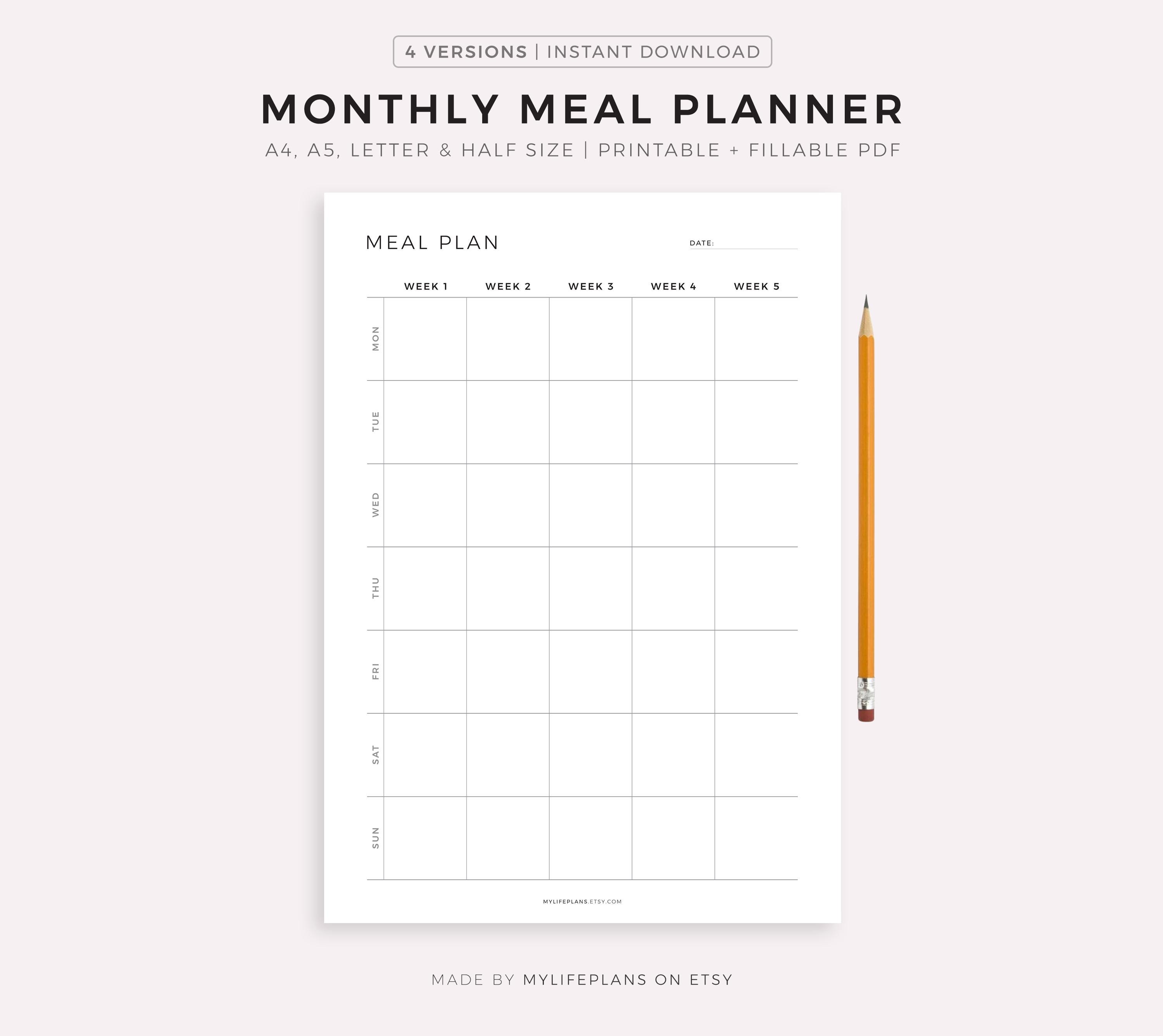 Monthly Meal Planner Printable, 30 Day Menu Planner, Food Planner ...