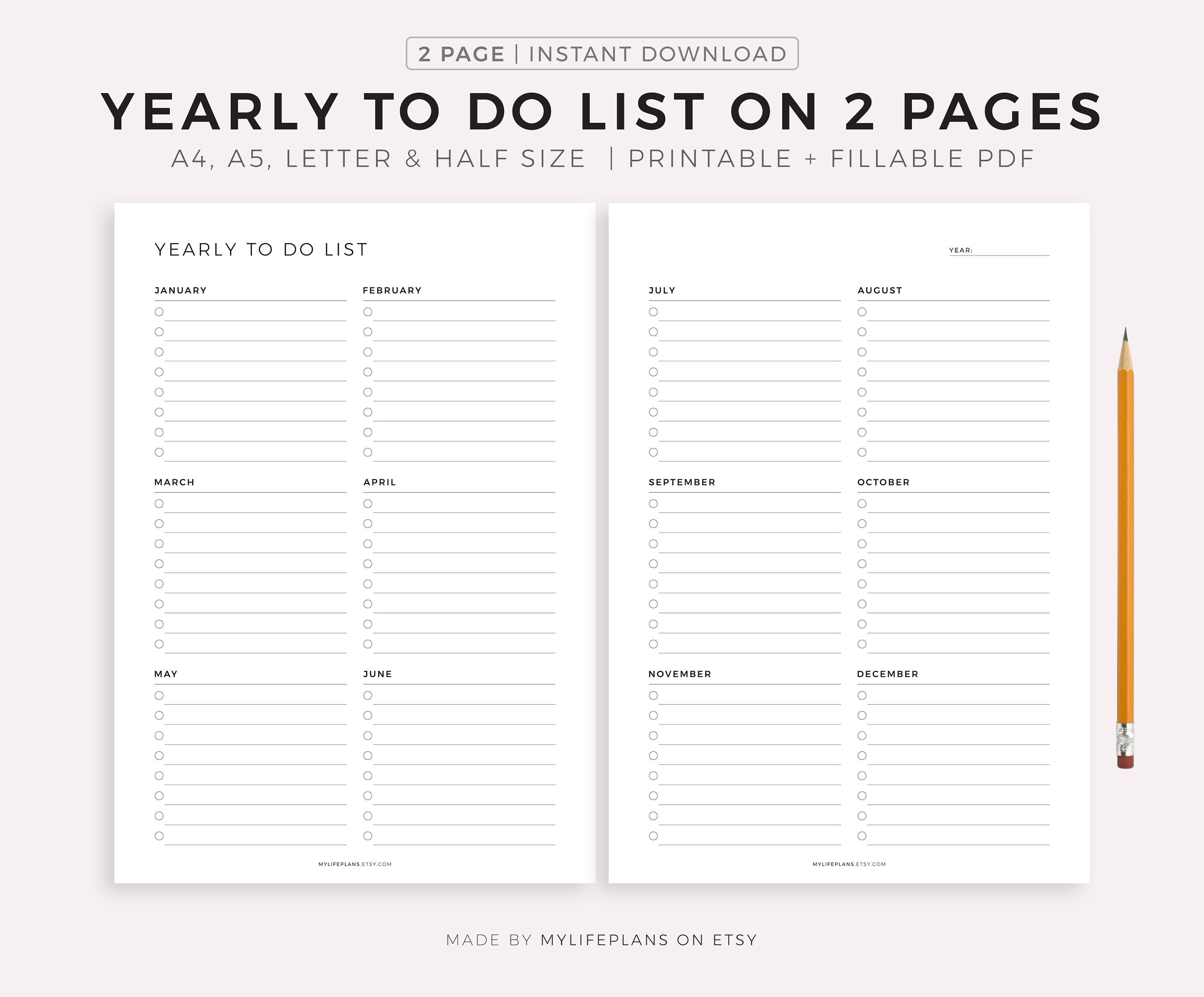 Yearly to do list on two pages yearly tasks yearly planner etsy
