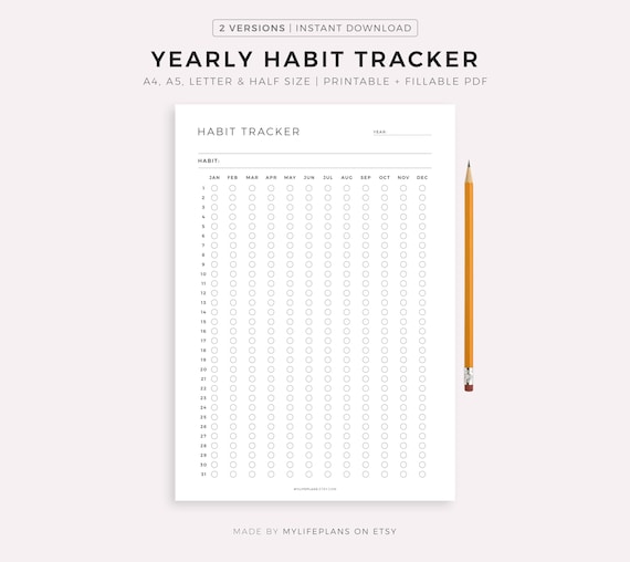 Yearly Habit Tracker Printable & Fillable, Routine Tracker, Annual Goal Tracker, Habit Challenge, A4/A5/Letter/Half, Instant Download