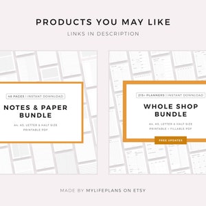 May include: Two digital product listings for printable planners and note paper. The left listing is for a "Notes & Paper Bundle" with 48 pages, available in A4, A5, Letter, and half sizes. The right listing is for a "Whole Shop Bundle" with 215 planners, available in A4, A5, Letter, and half sizes. Both listings are printable and fillable PDFs. The listings are made by MyLifePlans on Etsy.