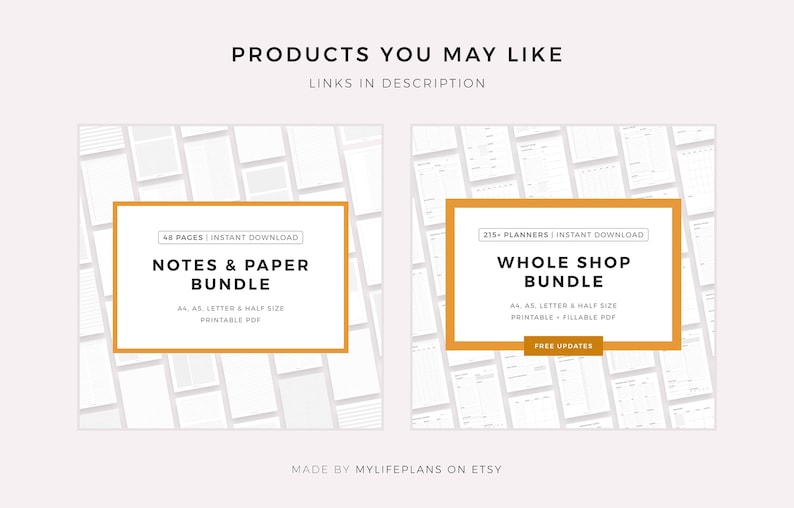 May include: Two digital product listings for printable planners and note paper. The left listing is for a "Notes & Paper Bundle" with 48 pages, available in A4, A5, Letter, and half sizes. The right listing is for a "Whole Shop Bundle" with 215 planners, available in A4, A5, Letter, and half sizes. Both listings are printable and fillable PDFs. The listings are made by MyLifePlans on Etsy.