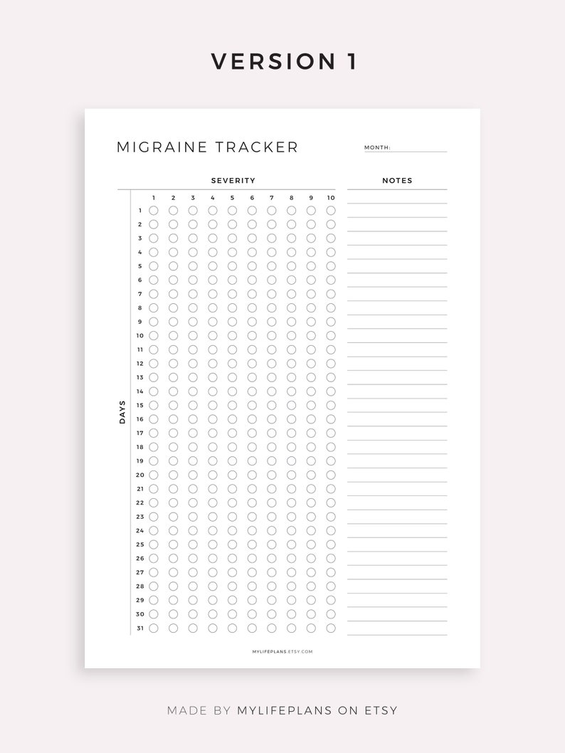 May include: A black and white printable migraine tracker with a grid of circles for tracking migraine severity on a scale of 1 to 10. The tracker includes a section for notes and a space to write the month.