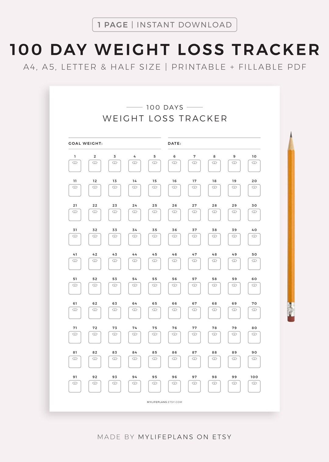 100 Day Weight Loss Tracker Printable Weight Loss Challenge Weight 