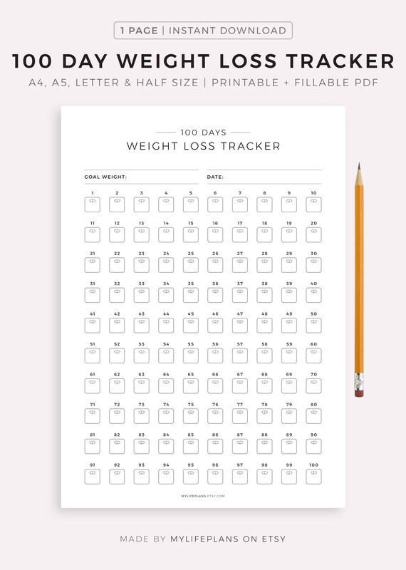 100 Day Weight Loss Tracker Printable, Weight Loss Challenge.
