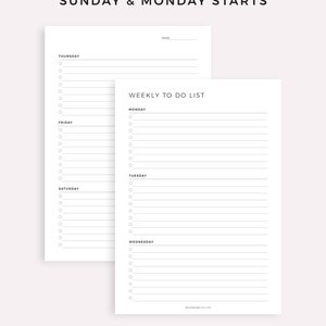 May include: A printable weekly to-do list planner with a simple design. The planner includes a section for each day of the week, starting with Monday and ending with Sunday. The planner also includes a section for notes and a date field.