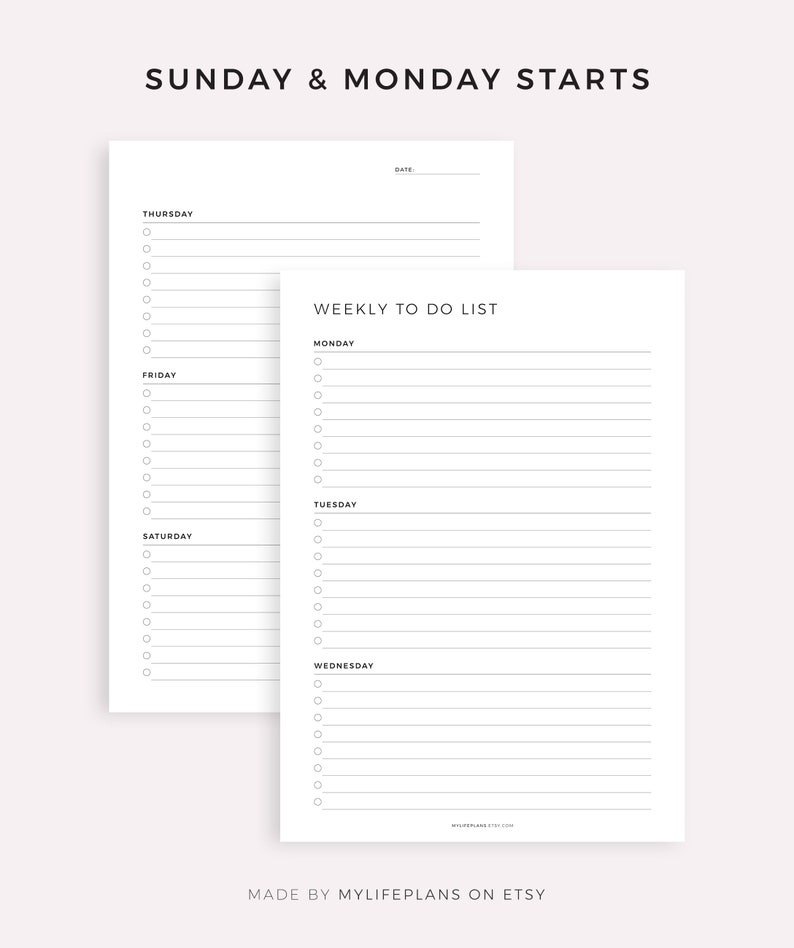 May include: A printable weekly to-do list planner with a simple design. The planner includes a section for each day of the week, starting with Monday and ending with Sunday. The planner also includes a section for notes and a date field.