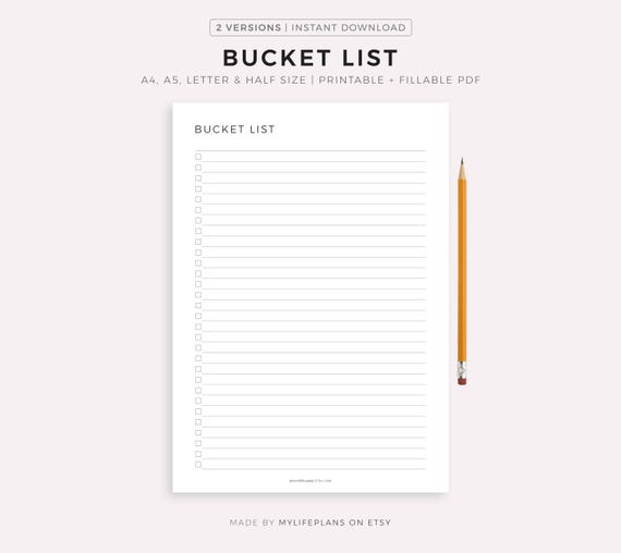 Bucket List, Life Goals Planner, To Do List Plan, Printable & Fillable PDF A4/A5/Letter/Half Size, Instant Download