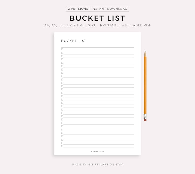 Bucket List, Life Goals Planner, To Do List Plan, Printable & Fillable PDF A4/A5/Letter/Half Size, Instant Download image 1