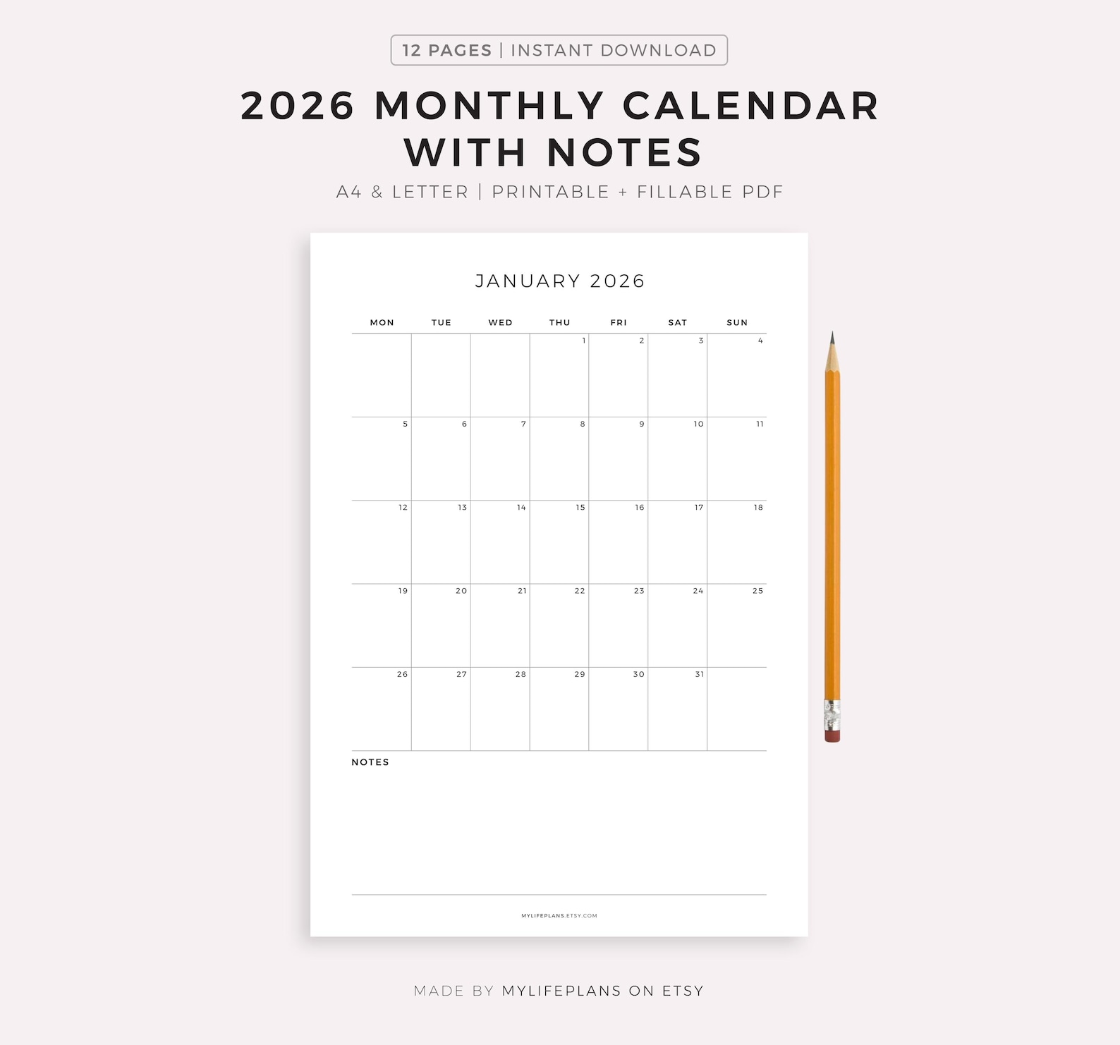 2026 Monthly Calendar With Notes, Printable Calendar Template ...
