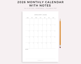 Calendário Mensal 2026 com Anotações, Modelo de Calendário para Imprimir, Calendário Minimalista, Calendário Anual, Vertical, A4/Carta, Download Instantâneo
