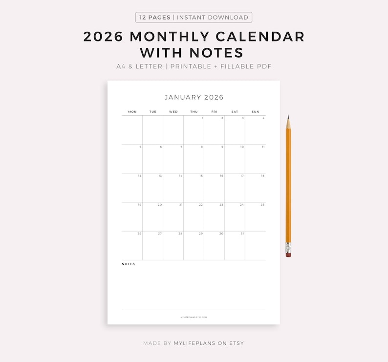 2026 Monthly Calendar With Notes, Printable Calendar Template ...
