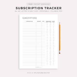 Subscription Tracker Printable, Membership Checklist, Expense Tracker, Budget Template, A4/A5/Letter/Half Size, Instant Download PDF