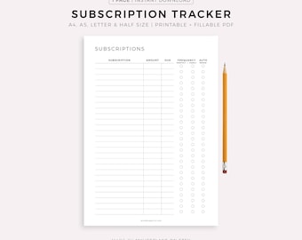Subscription Tracker Printable, Membership Checklist, Expense Tracker, Budget Template, A4/A5/Letter/Half Size, Instant Download PDF