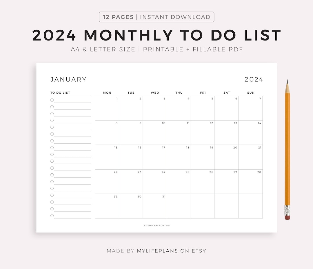 2024 Monthly to Do List Landscape, Monthly Organizer, Month at a Glance