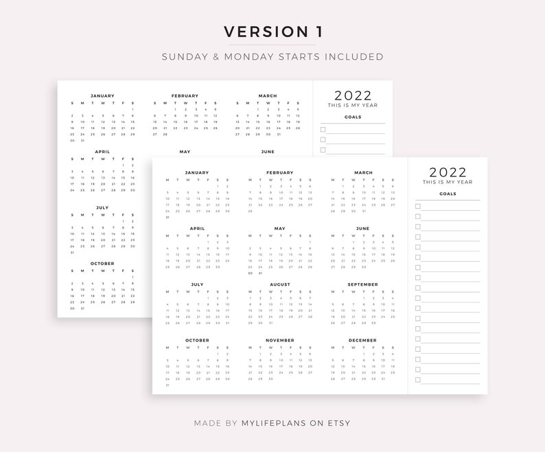 2022 Year Calendar With Goals Desk Calendar Wall Calendar Etsy