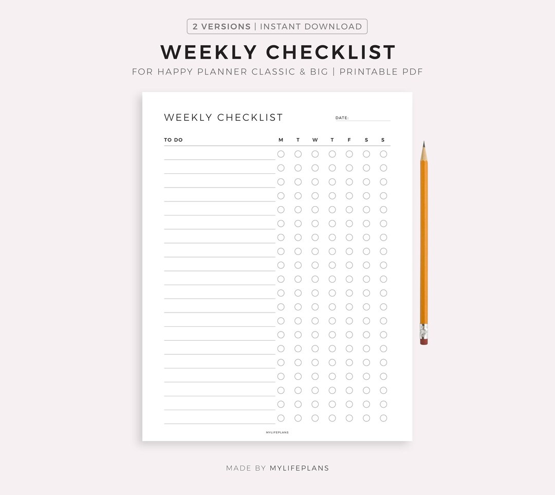 Weekly Checklist Template for Happy Planner Classic & Big, Printable ...