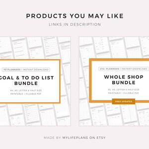 May include: Two digital product bundles for printable planners. The first bundle is titled "Goal & To Do List Bundle" and includes 70 planners. The second bundle is titled "Whole Shop Bundle" and includes 215 planners. Both bundles are available for instant download and include printable and fillable PDF files. The bundles are available in A4, Letter, and half sizes.