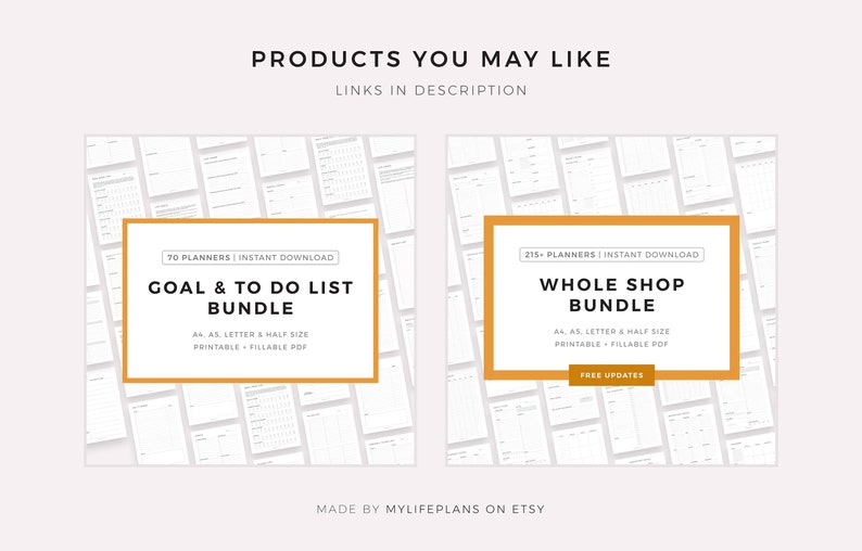 May include: Two digital product bundles for printable planners. The first bundle is titled "Goal & To Do List Bundle" and includes 70 planners. The second bundle is titled "Whole Shop Bundle" and includes 215 planners. Both bundles are available for instant download and include printable and fillable PDF files. The bundles are available in A4, Letter, and half sizes.
