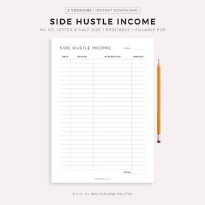 Side Hustle Income Printable Template, Passive Income Stream Tracker, Small Business Income Sheet, A4/A5/Letter/Half, Instant Download PDF