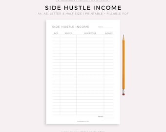 Side Hustle Income Printable Template, Passive Income Stream Tracker, Small Business Income Sheet, A4/A5/Letter/Half, Instant Download PDF