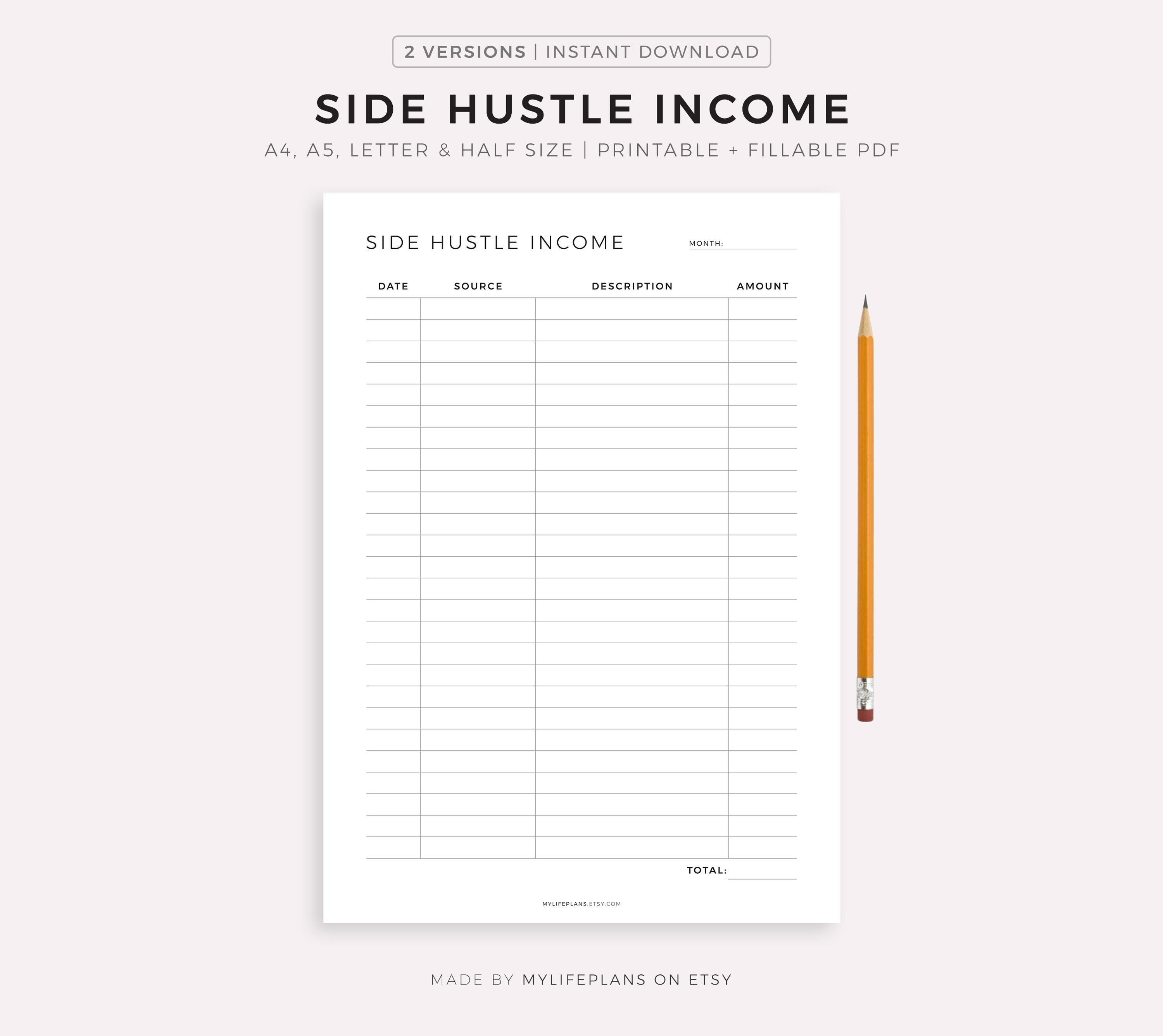 Side Hustle Income Printable Template, Passive Income Stream Tracker ...