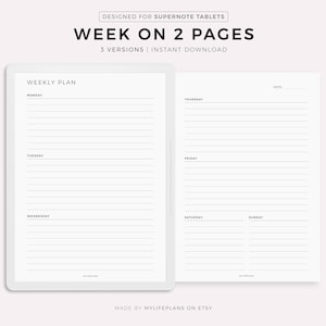 May include: A digital planner template for Supernote tablets, showing a weekly planner layout with days of the week listed on the left side and a blank space for notes on the right side. The text "WEEK ON 2 PAGES" and "3 VERSIONS INSTANT DOWNLOAD" is displayed at the top of the image.