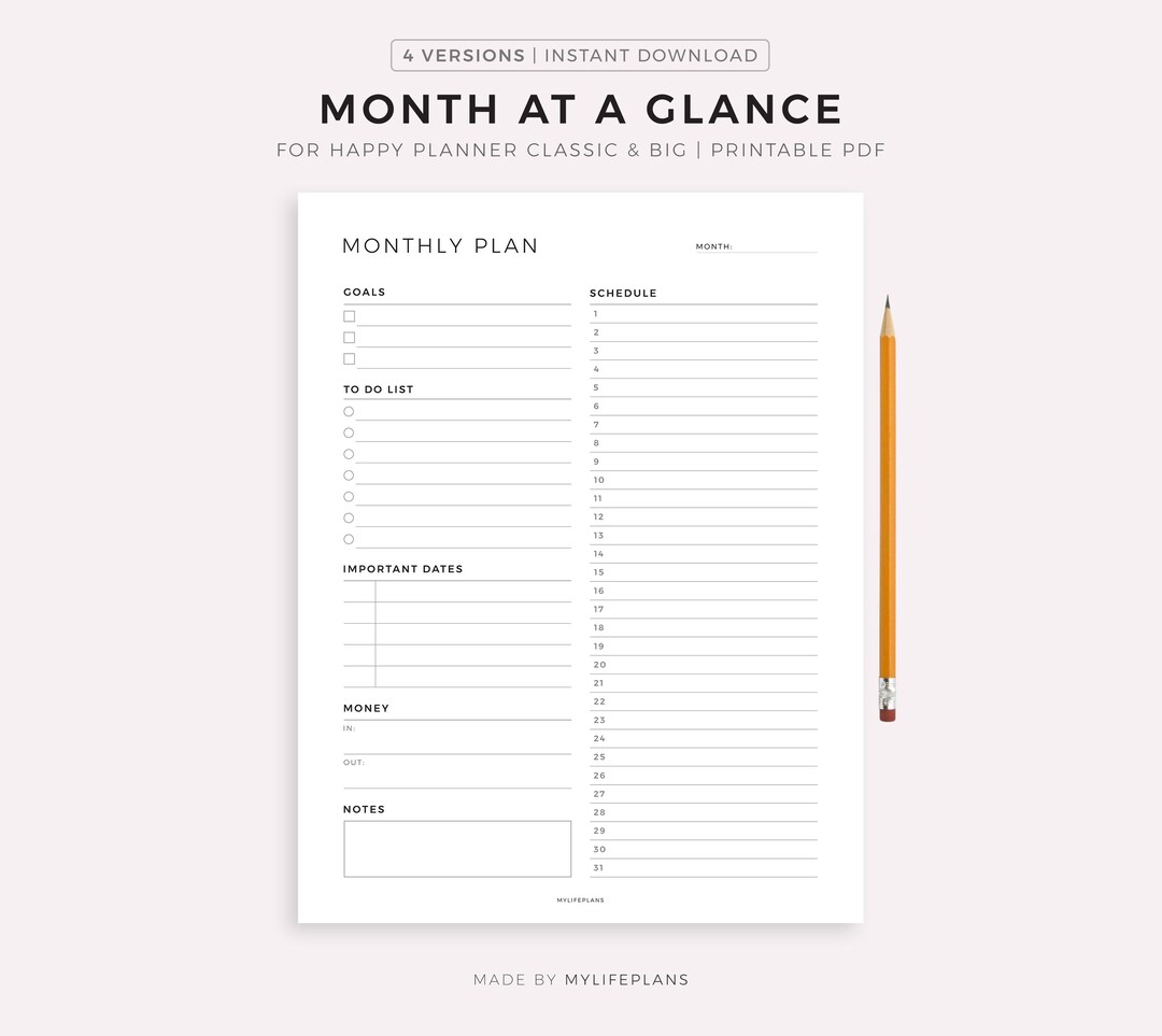 Month at a Glance Planner for Happy Planner Classic & Big, Printable ...
