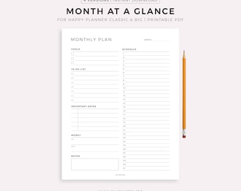 Month At a Glance Planner for Happy Planner Classic & Big, Printable PDF, Instant Download