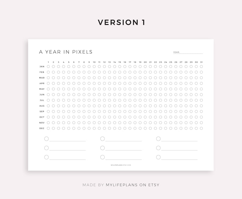 May include: A printable year in pixels tracker. The tracker is a grid with 31 columns representing the days of the month and 12 rows representing the months of the year. Each day is represented by a circle. The tracker includes the text "A Year in Pixels" and "Version 1".