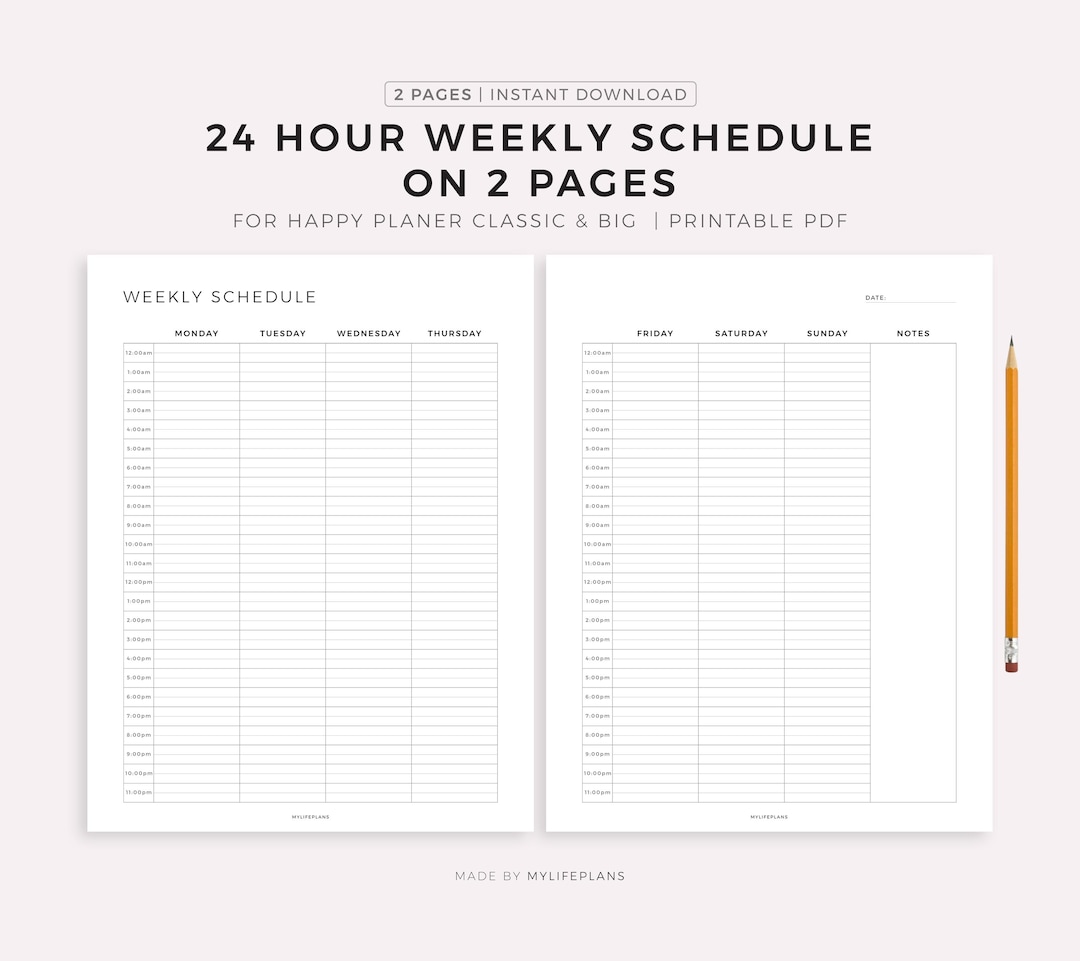 24 Hour Weekly Schedule on 2 Pages, Printable for Happy Planner Classic ...