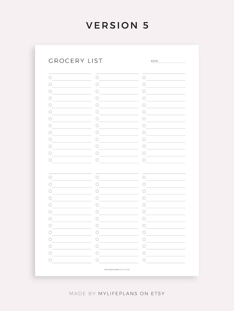 May include: A printable grocery list template with a simple design. The list has three columns with checkboxes and lines for writing. The text "GROCERY LIST" is at the top of the page, and the text "DATE:" is at the top right corner.