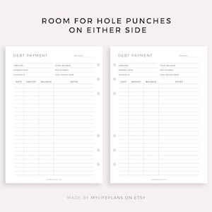 May include: Printable debt payment tracker with space for hole punches on either side. The tracker includes sections for creditor, interest rate, account number, start balance, minimum payment, goal payoff date, date, amount, balance, and notes.