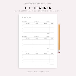 Gift Planner Printable, Gift Ideas, Gift Tracker, Gift Shopping List, A4/A5/Letter/Half Size, Printable & Fillable