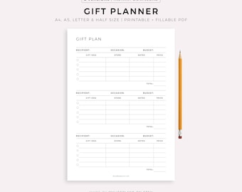 Gift Planner Printable, Gift Ideas, Gift Tracker, Gift Shopping List, A4/A5/Letter/Half Size, Printable & Fillable