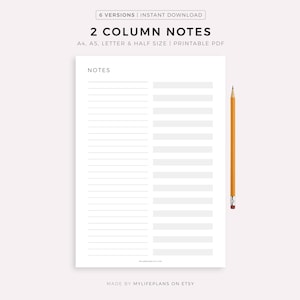 Página de notas de 2 columnas imprimible, plantilla de notas, papel de escribir, inserto de planificador de notas, tamaño A4/A5/carta/medio, descarga instantánea en PDF