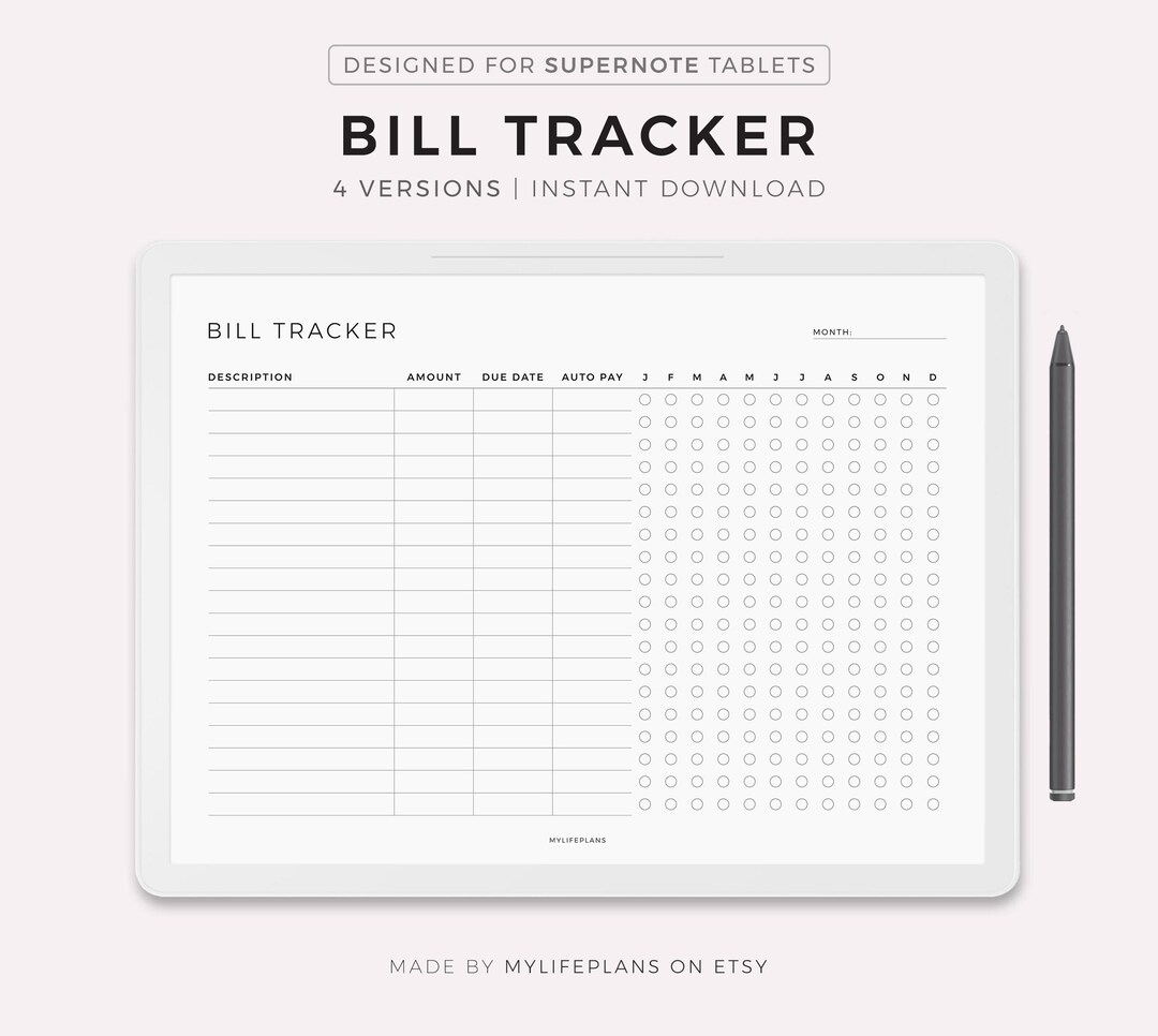 Bill Tracker Template for Supernote A5X2/A5X/A5/A6X2/A6X/A6, Landscape ...