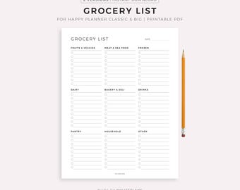 Puede incluir: Una lista de compras imprimible con secciones para frutas y verduras, carne y mariscos, congelados, lácteos, panadería y delicatessen, bebidas, despensa, hogar y otros. Un lápiz amarillo descansa a la derecha. El texto "GROCERY LIST" está en la parte superior.