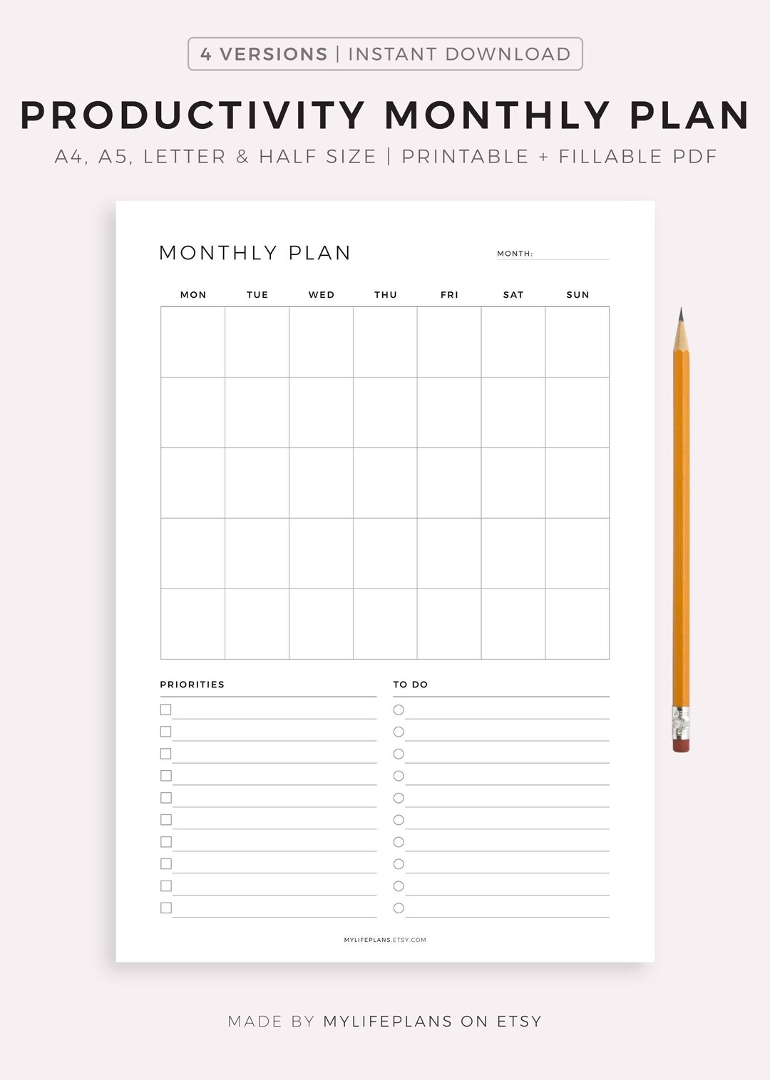 Monthly Planner Printable, Monthly Agenda, Monday &amp; Sunday Start, Ink ...