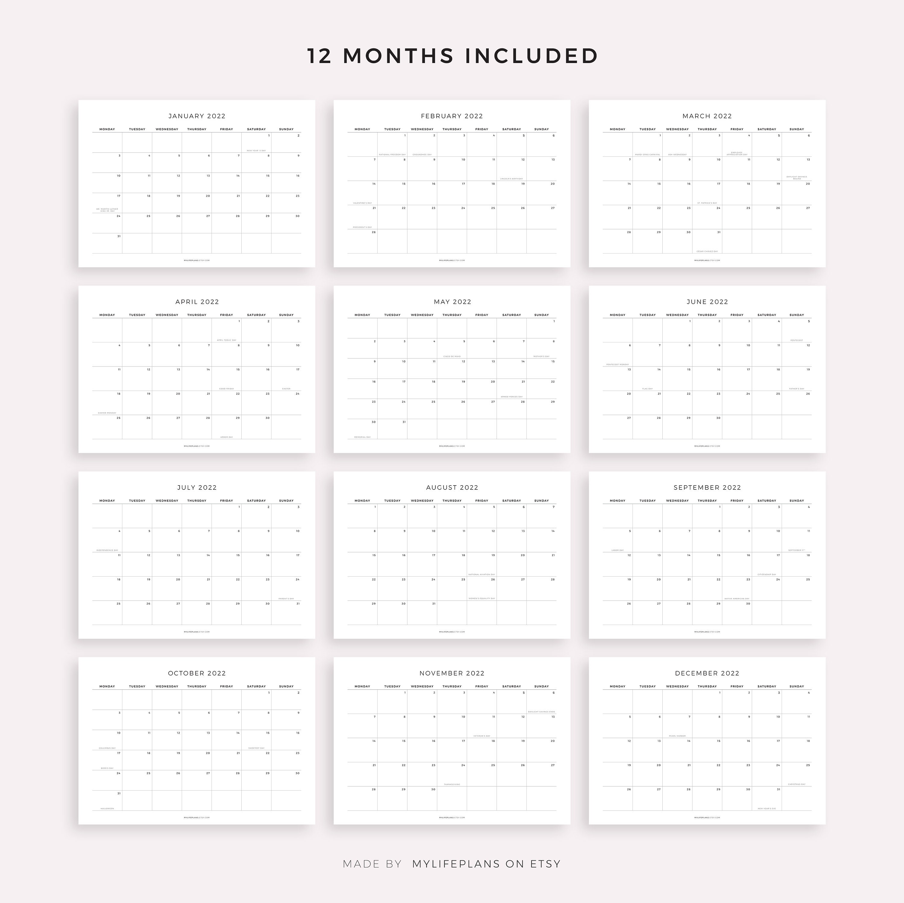 2022 monthly calendar with holidays printable calendar etsy
