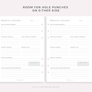 May include: A printable monthly review planner with sections for top 5 accomplishments, what you did well, what you need to improve, biggest lessons, grateful for, monthly summary, and how can next month be better. The planner has space for hole punches on either side.